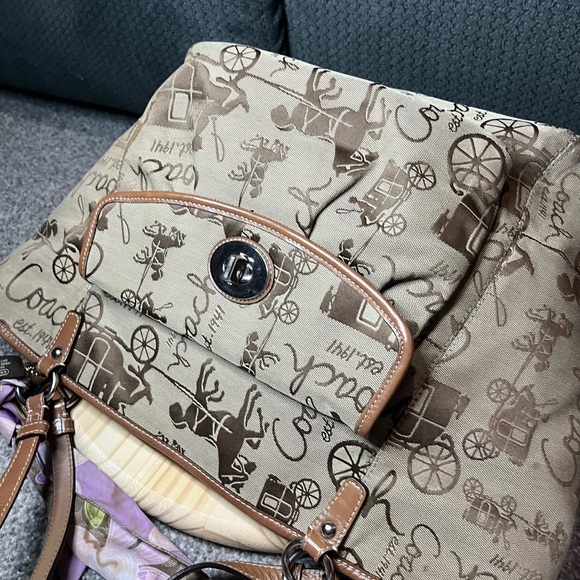 Coach Tan Shoulder Bag Purse with Purple Scarf AS IS - Picture 8 of 16